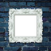 Decorated picture frame on dark blue brick wall - Custom Wallpaper