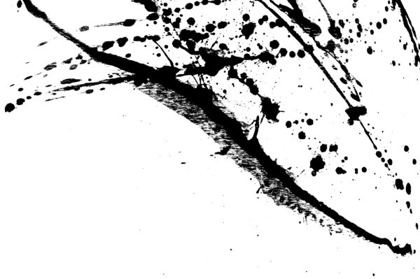 Ink splatter, black acrylic paint splash isolated on background texture grunge. Blood splash, spray. Abstract acrylic hand painted splash. Black and white color. Close up.