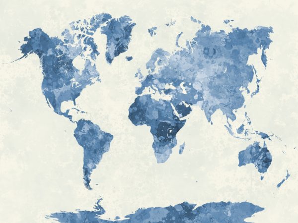 World map in watercolor blue